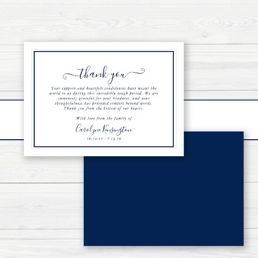 Elegant Navy Blauw Wit Sympathie Dank u Bedankkaart