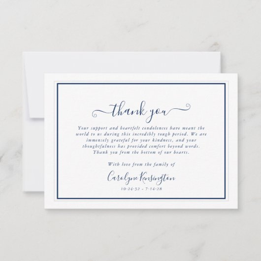Elegant Navy Blauw Wit Sympathie Dank u Bedankkaart (Voorkant)