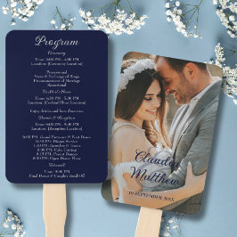 Elegant Navy Blauw & Zilver Script Trouwprogramma Handwaaier