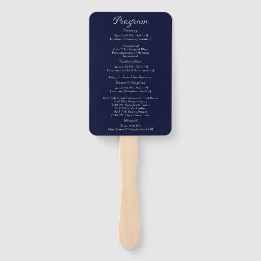 Elegant Navy Blauw & Zilver Script Trouwprogramma Handwaaier (Achterkant)