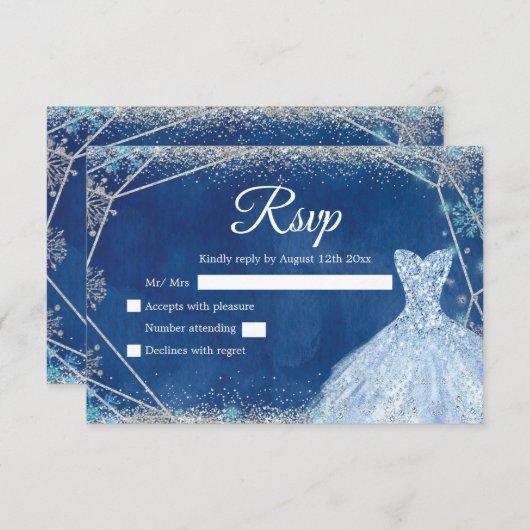 Elegant Navy Blauw Zilver Winter Quinceañera RSVP Kaartje (Voorkant / Achterkant)
