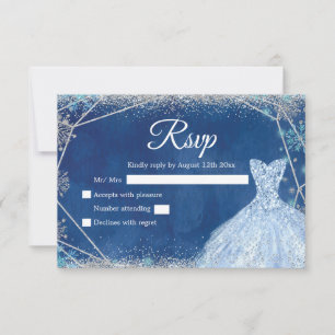 Elegant Navy Blauw Zilver Winter Quinceañera RSVP Kaartje