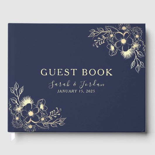 Elegant Navy Blauwe Bloem Bruiloft Gastenboek (Voorkant)
