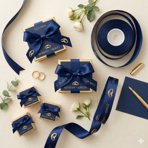 Elegant Navy Blauwe Gouden Persoonlijke Trouwlint Satijnen Lint