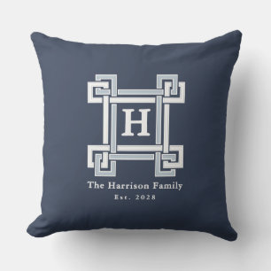 Elegant Navy Blauwe Griekse Sleutel Monogram Buitenkussen