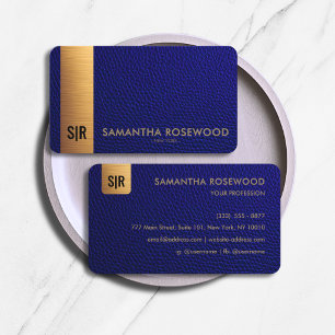 Elegant Navy Blauwe Leren & Gouden Balk Monogram Visitekaartje