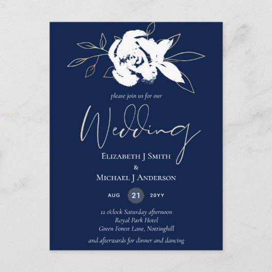 Elegant Navy Blauwe Witte Gouden Bruiloft Briefkaart (Voorkant)