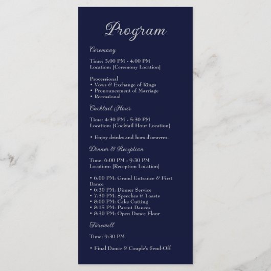 Elegant Navy Blauwe & Zilveren Script Trouwprogram Programmakaart (Achterkant)