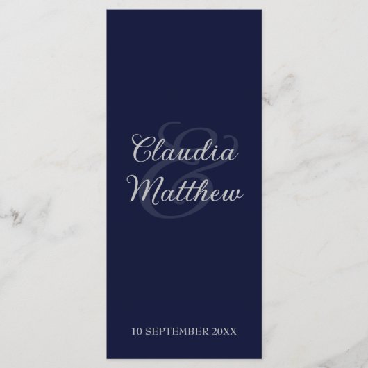 Elegant Navy Blauwe & Zilveren Script Trouwprogram Programmakaart (Voorkant)
