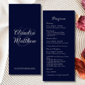 Elegant Navy Blauwe & Zilveren Script Trouwprogram Programmakaart