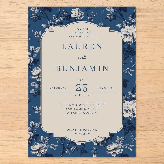 Elegant Navy Bloem Acryl Uitnodigingen (Voorkant)