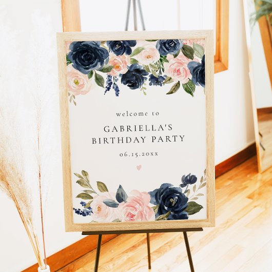 Elegant Navy Bloemen Verjaardagsfeestje Welkom Pos Poster
