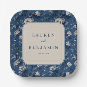 Elegant Navy Bloemmotief Papieren Bordje