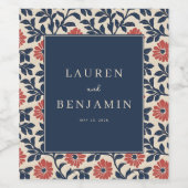 Elegant Navy Bloemmotief Wijn Etiket (Enkel label)