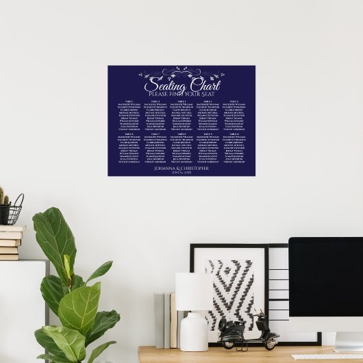 Elegant Navy Blue 10 Table Wedding Seating Chart Poster (Thuiskantoor)