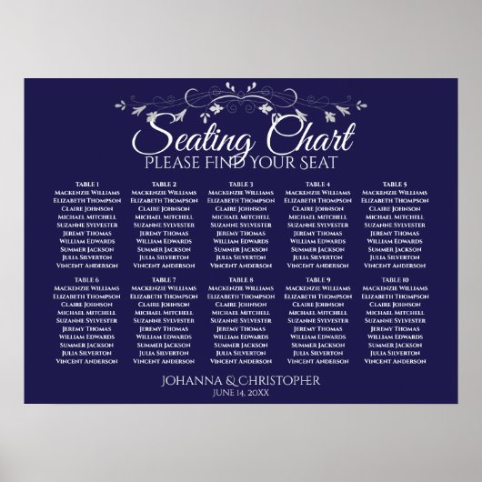 Elegant Navy Blue 10 Table Wedding Seating Chart Poster (Voorkant)