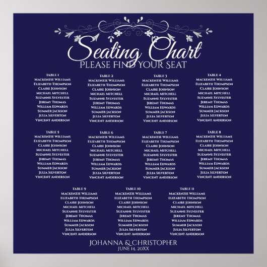 Elegant Navy Blue 11 Table Wedding Seating Chart Poster (Voorkant)