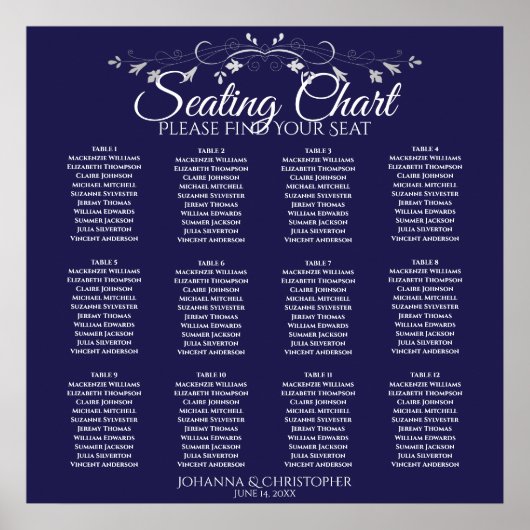 Elegant Navy Blue 12 Table Wedding Seating Chart Poster (Voorkant)