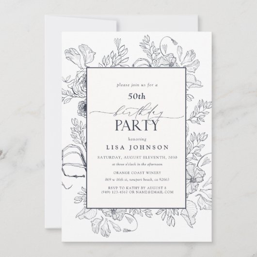 Elegant Navy Blue 50e verjaardag Bloemen Kaart (Voorkant)