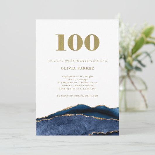 Elegant Navy Blue Agate en Gold | 100e verjaardag Kaart (Staand voorkant)