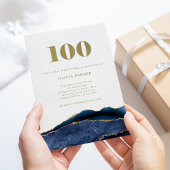 Elegant Navy Blue Agate en Gold | 100e verjaardag Kaart