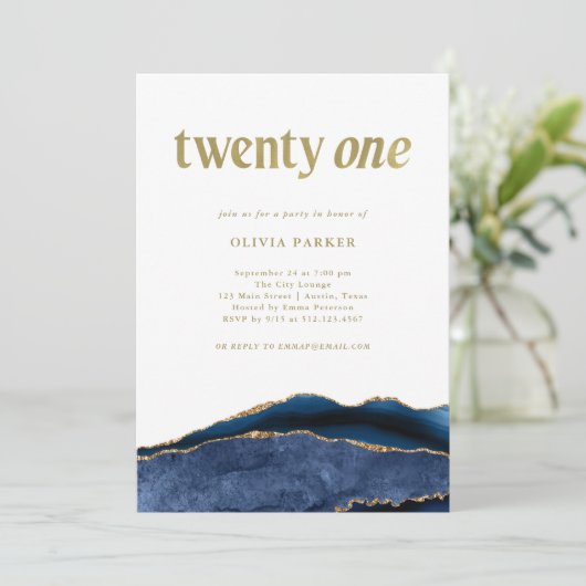 Elegant Navy Blue Agate en Gold | 21ste verjaardag Kaart (Staand voorkant)