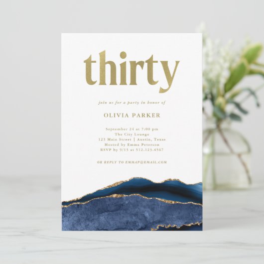 Elegant Navy Blue Agate en Gold | 30e verjaardag Kaart (Staand voorkant)