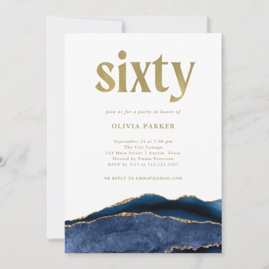 Elegant Navy Blue Agate en Gold | 60e verjaardag Kaart (Voorkant)