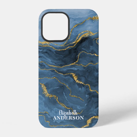 Elegant Navy Blue Agate Geode Marble Monogram iPhone Hoesje (Achterkant)