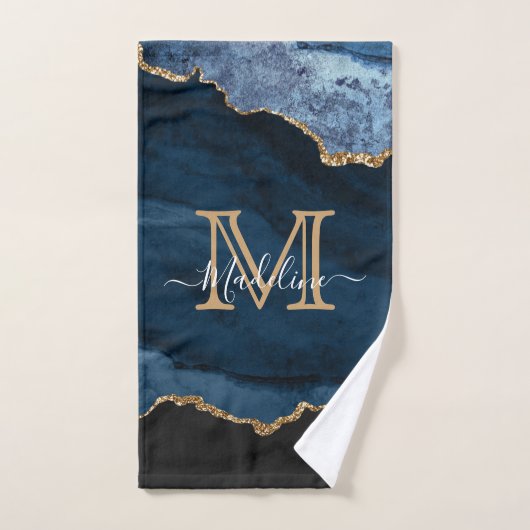 Elegant Navy Blue Agate Geode Modern Monogram Bad Handdoek (Handdoek)