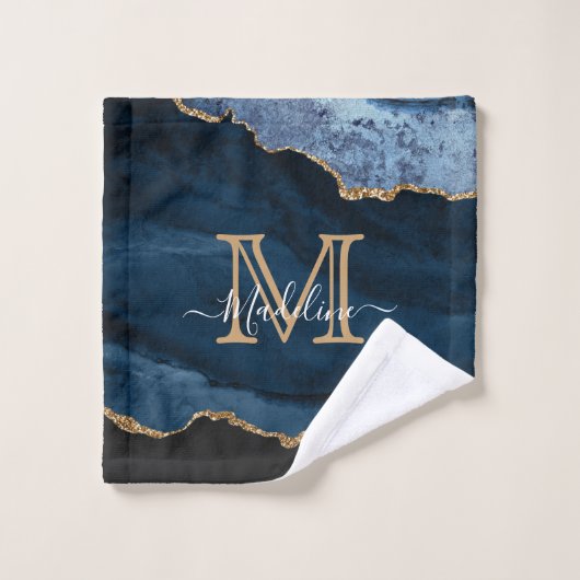 Elegant Navy Blue Agate Geode Modern Monogram Bad Handdoek (Wasdoekje)