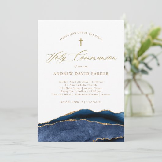 Elegant Navy Blue Agate Gold First Heilige Communi Kaart (Staand voorkant)