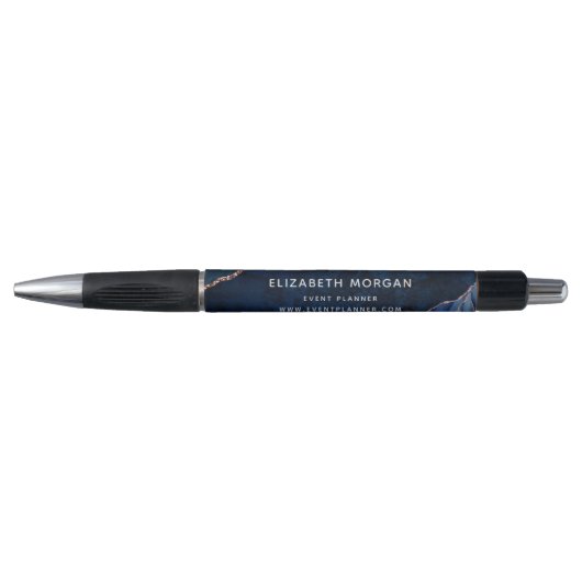 Elegant Navy Blue Agate Marble Roos Gold Glitter Pen (Voorkant)