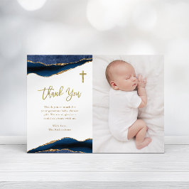 Elegant Navy Blue Agate met foto | Baptisme Bedankkaart