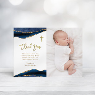Elegant Navy Blue Agate met foto   Baptisme Bedankkaart