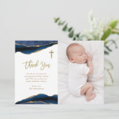 Elegant Navy Blue Agate met foto | Baptisme Bedankkaart (Staand voorkant)
