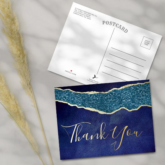 Elegant Navy Blue Agate Wedding Dank je wel Folie Uitnodiging Briefkaart