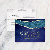 Elegant Navy Blue Agate Wedding RSVP Real Folie Uitnodiging Briefkaart