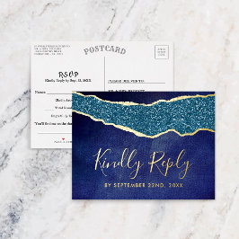 Elegant Navy Blue Agate Wedding RSVP Real Folie Uitnodiging Briefkaart