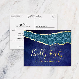 Elegant Navy Blue Agate Wedding RSVP Real Folie Uitnodiging Briefkaart