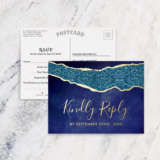 Elegant Navy Blue Agate Wedding RSVP Real Folie Uitnodiging Briefkaart
