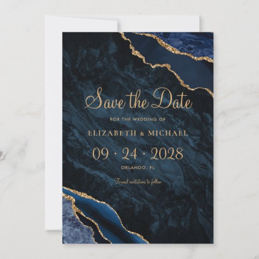 Elegant Navy Blue Agate Wedding Save the Date (Voorkant)