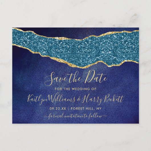 Elegant Navy Blue Agate Wedding Save the Date Aankondigingskaart (Voorkant)