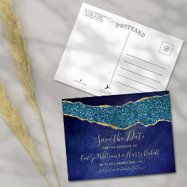 Elegant Navy Blue Agate Wedding Save the Date Aankondigingskaart