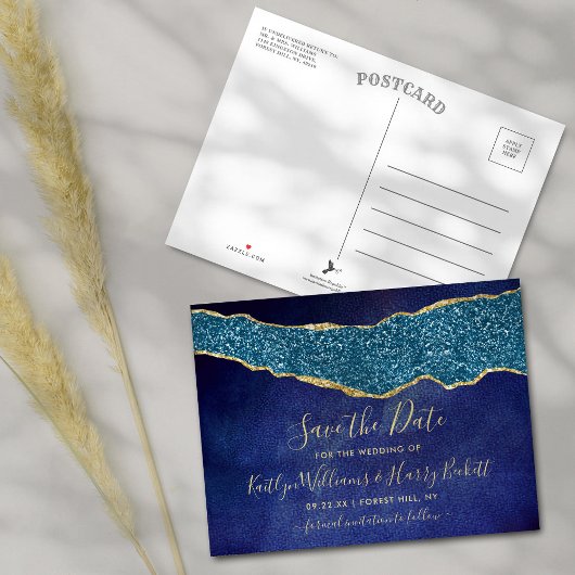 Elegant Navy Blue Agate Wedding Save the Date Aankondigingskaart