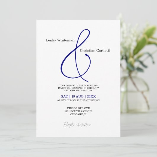 Elegant Navy Blue Ampersand trouwuitnodiging Kaart (Staand voorkant)