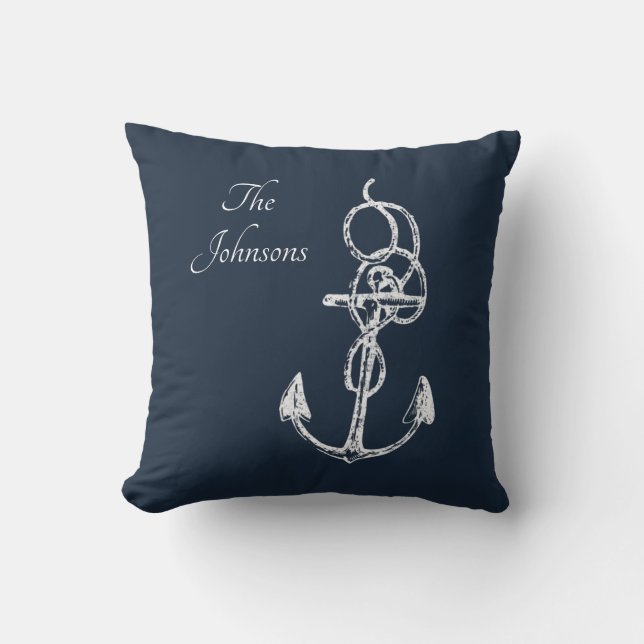 Elegant Navy Blue Anchor Custom Name Kussen (Voorkant)