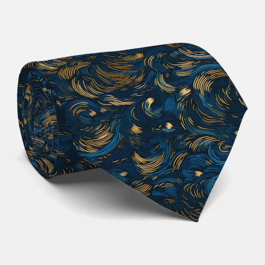 Elegant Navy Blue and Gold Abstract Swirl Stropdas (Opgerold)