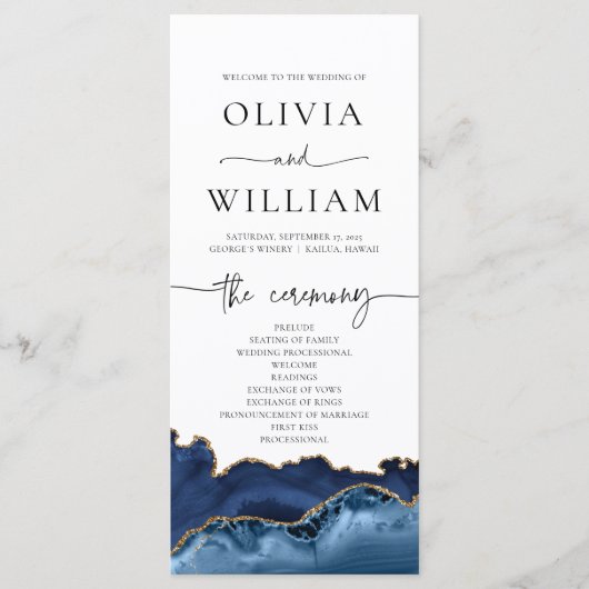 Elegant Navy Blue and Gold Agate Wedding Programme Menu (Voorkant)