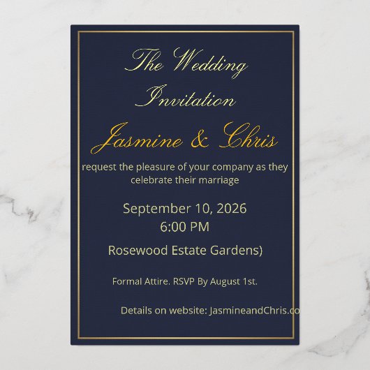 Elegant Navy Blue and Gold Foil Wedding Invitation Folie Uitnodiging (Voorkant)